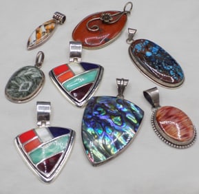 Eight semi-precious stones sterling silver pendants