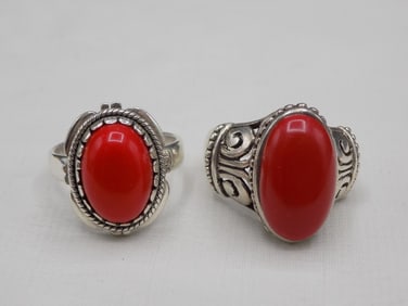Two vintage Native American Indian coral sterling silver rings