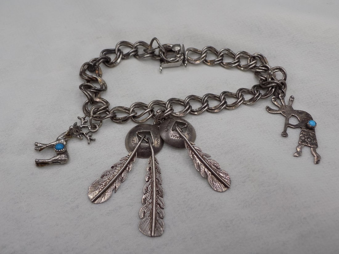 Vintage Native American Indian sterling silver and turquoise charm bracelet (1 of 6)