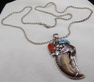 Large Native American Indian turquoise, coral sterling silver pendant