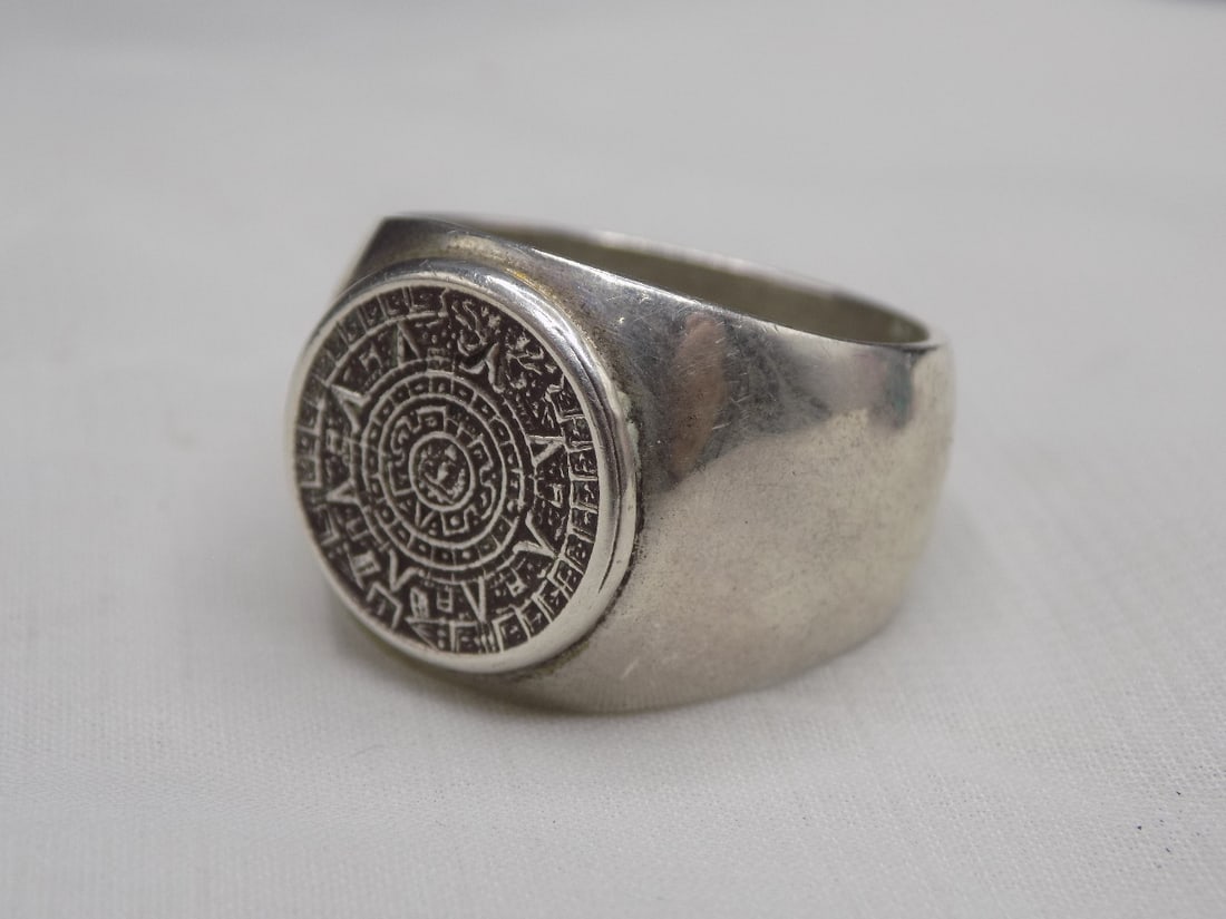 2 Sterling rings Aztec Mayan calendar ring and  Native American Indian ring. (1 of 5)