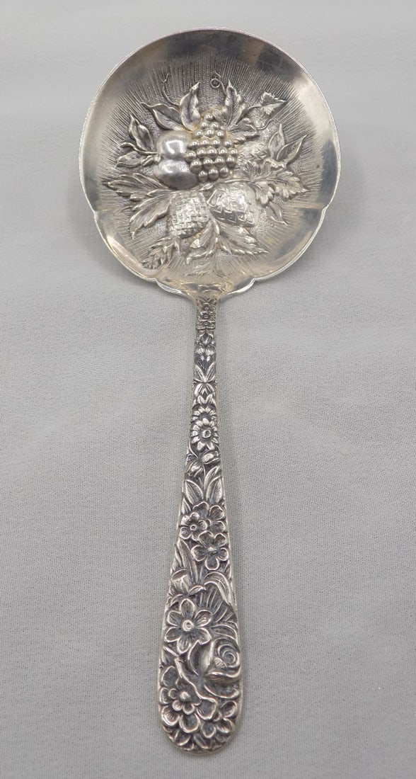 Antique S Kirk and Son Repousse sterling silver berry serving spoon. (1 of 6)