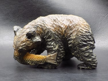 Vintage carved wood Black Forest bear with fish
