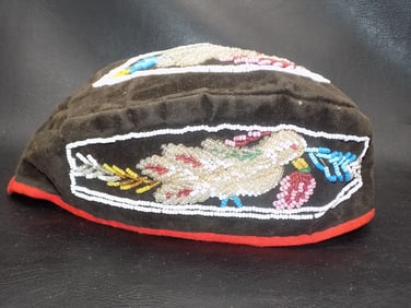 Antique Native American Indian Iroquois beaded hat with bird on top of hat