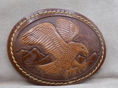 Vintage hand tooled leather over silver belt buckle with eagle