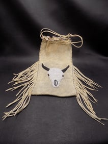 Vintage Native American Indian leather beaded bag with buffalo