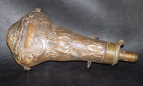 Ornate antique brass powder horn G and J W Hawksley