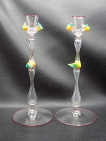 Beautiful pair of antique art glass candlesticks with fruit