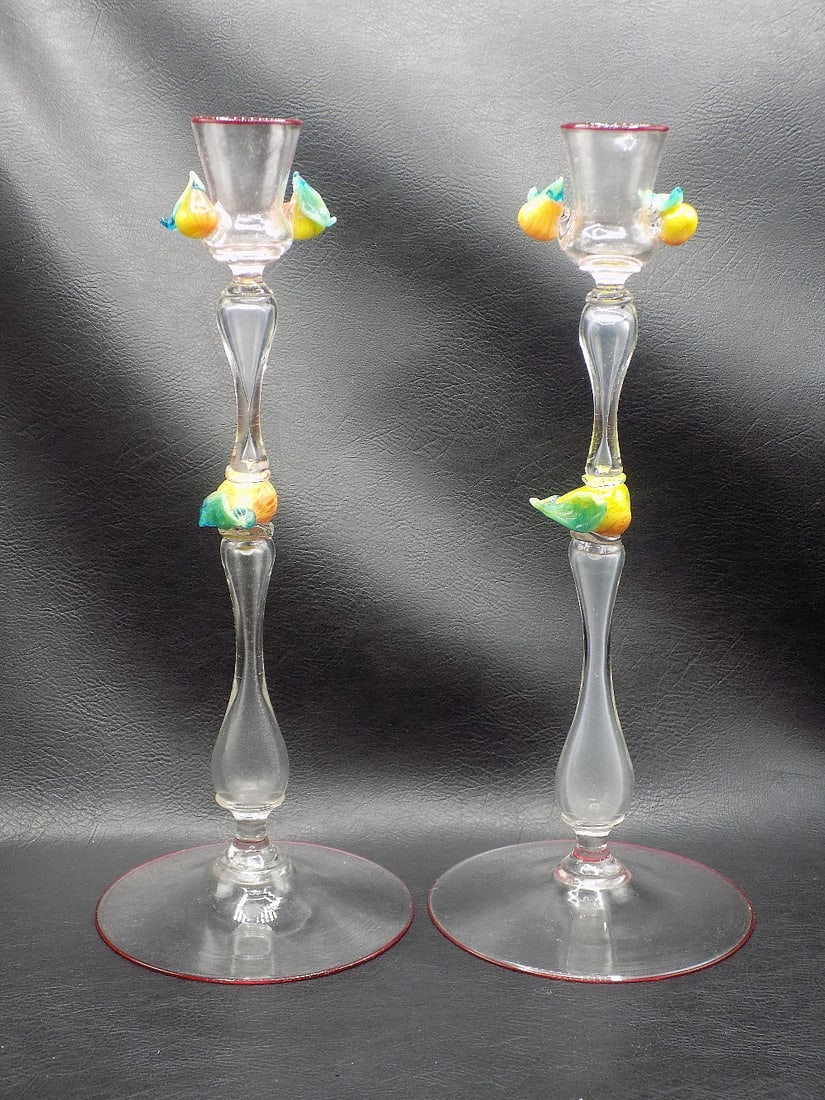 Beautiful pair of antique  art glass candlesticks with fruit (1 of 9)