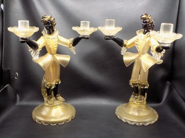 Pair of vintage Salviati Venetian Murano Blackamor art glass figural candlesticks