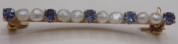 Vintage sapphire and pearl 14k gold broach