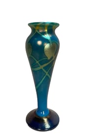 Vintage Lundberg Studios Iridescent blue heart and vine Art Glass Vase
