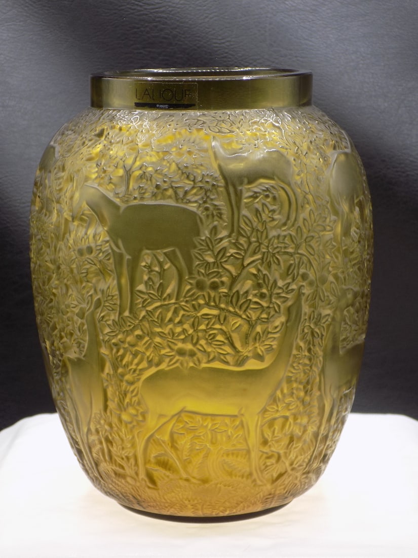 Vintage amber signed R Lalique art glass Biches deer vase (1 of 9)