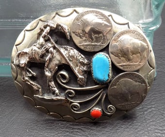 Native American Indian sterling silver belt buckle with End of the trail Indian and horse