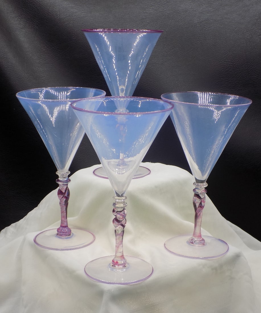 Vintage set of four Steuben art glass opal with Cintra stem martini cocktail glasses: Vintage set of four Steuben art glass opal with Cintra stem martini cocktail glasses. Shape #5154. 1920’s. Beautiful colors. In very good original as found condition. Great quality and detail. White
