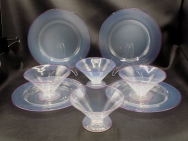 Vintage set of four Steuben art glass opal with cintra sherberts and underplates