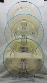 Three vintage Steuben art glass topaz with celeste blue trim plates