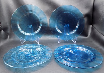 Four Steuben celeste blue art glass plates