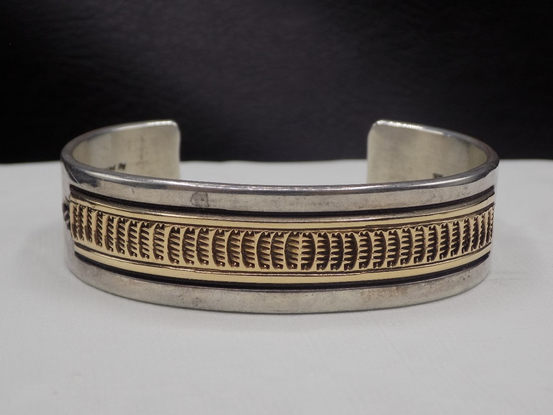 Signed vintage Native American Indian Apache 14k  gold and sterling silver bracelet (1 of 5)