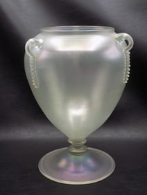 Vintage Steuben Verre de Sole iridescent art glass vase with three handles