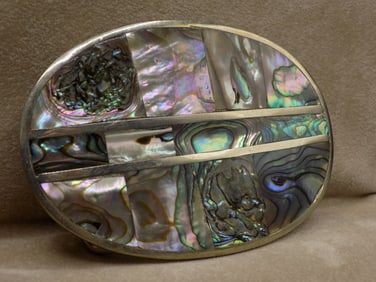 Vintage mother of pearl inlaid silver belt buckle marked Mexico