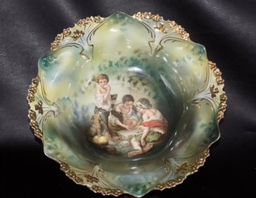 Beautiful antique RS Prussian Melon Boy dice throwers bowl