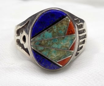 Vintage Native American Indian sterling silver ring with inlaid gemstones
