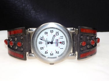 Vintage Native American Indian artist signed sterling silver watch band with coral inlay