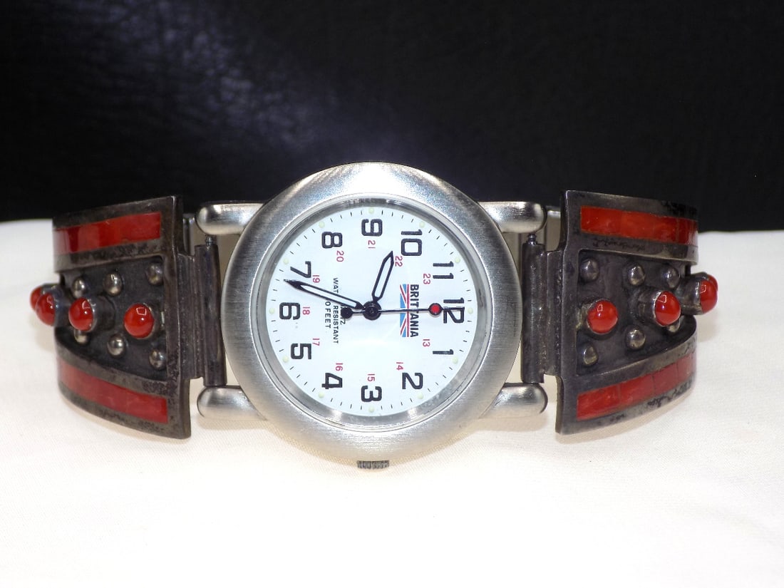 Vintage Native American Indian artist signed sterling silver watch band with coral inlay (1 of 9)