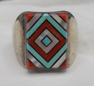 Vintage Native American Indian sterling silver ring with inlaid gemstones