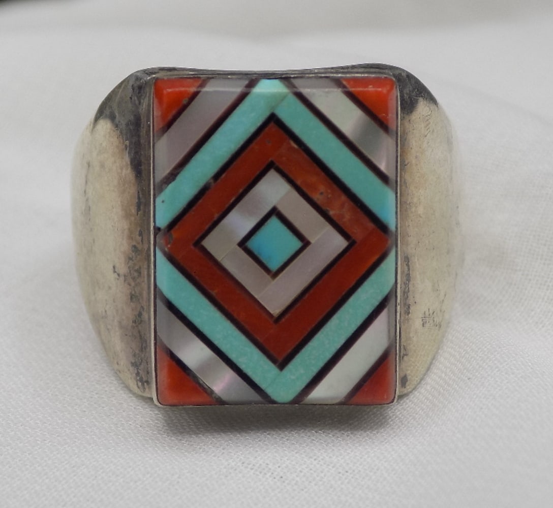 Vintage Native American Indian sterling silver ring with inlaid gemstones (1 of 3)