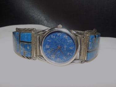 Vintage Native American Indian artist signed sterling silver watch band with lapis lazuli