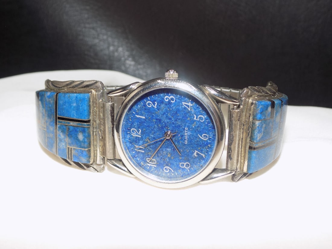 Vintage Native American Indian artist signed sterling silver watch band with lapis lazuli: Vintage Native American Indian artist signed sterling silver watch band with lapis lazuli, coral and jet inlay. Marked as shown in photo. 30mm. In very good original as found condition. Great quality 