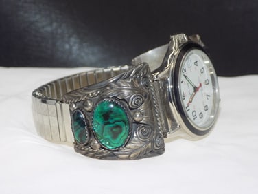 Vintage Native American Indian artist signed sterling silver watch band Azorite Mateze
