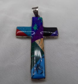 Vintage Native American Indian sterling silver cross with inlaid gemstones