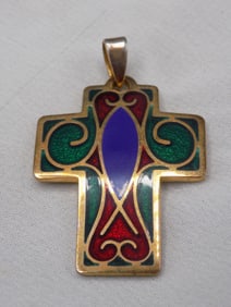 Vintage Native American Indian gold wash over silver cross with inlaid gemstones