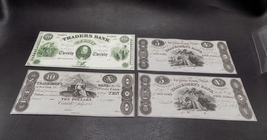 Four replica early bank notes 1823