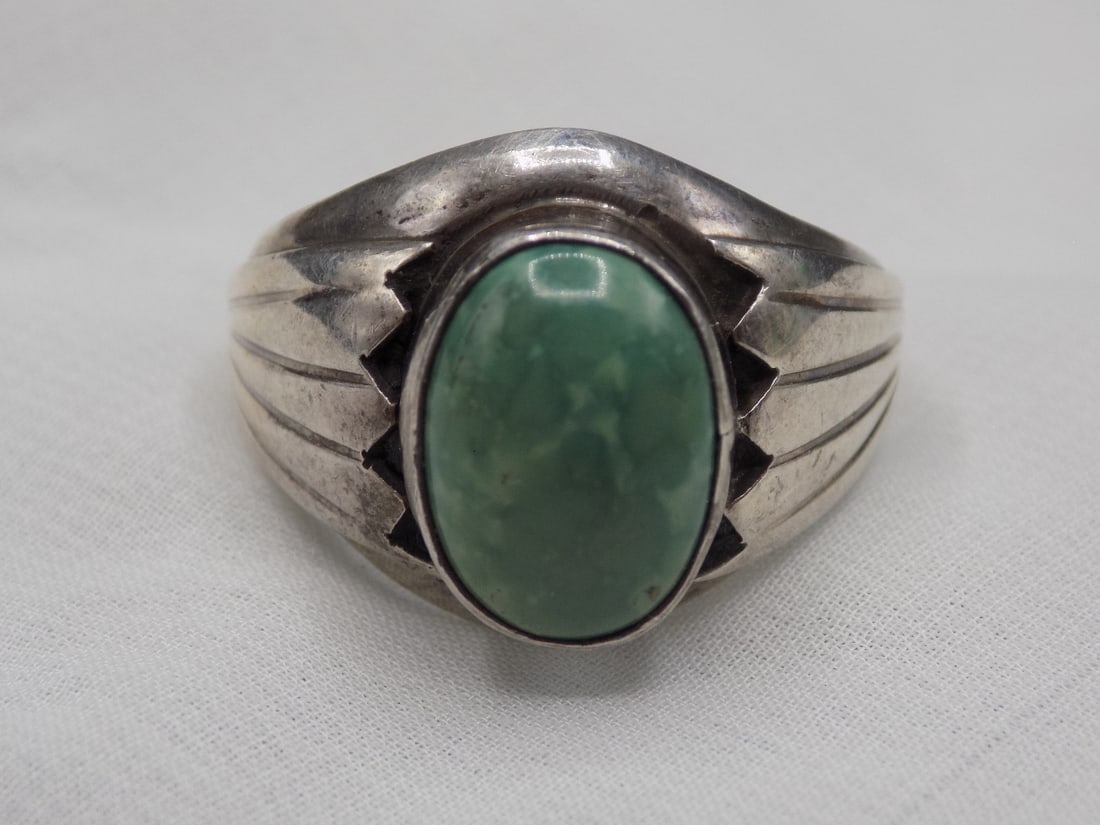 Two sterling rings with malachite. Marked as shown in photo..: Two sterling rings with malachite. Marked as shown in photo. Size 13 and 13 ½. In very good original as found condition. Great quality and detail. White lines are camera flash reflection. For i