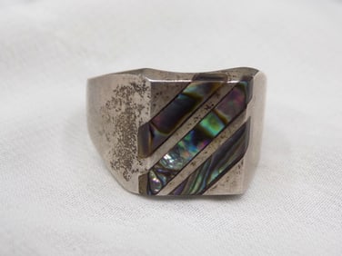 sterling ring with ablone inlay . marked as shown
