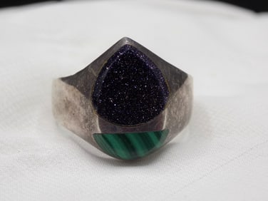 Mans malachite blue gold stone inlaid sterling ring