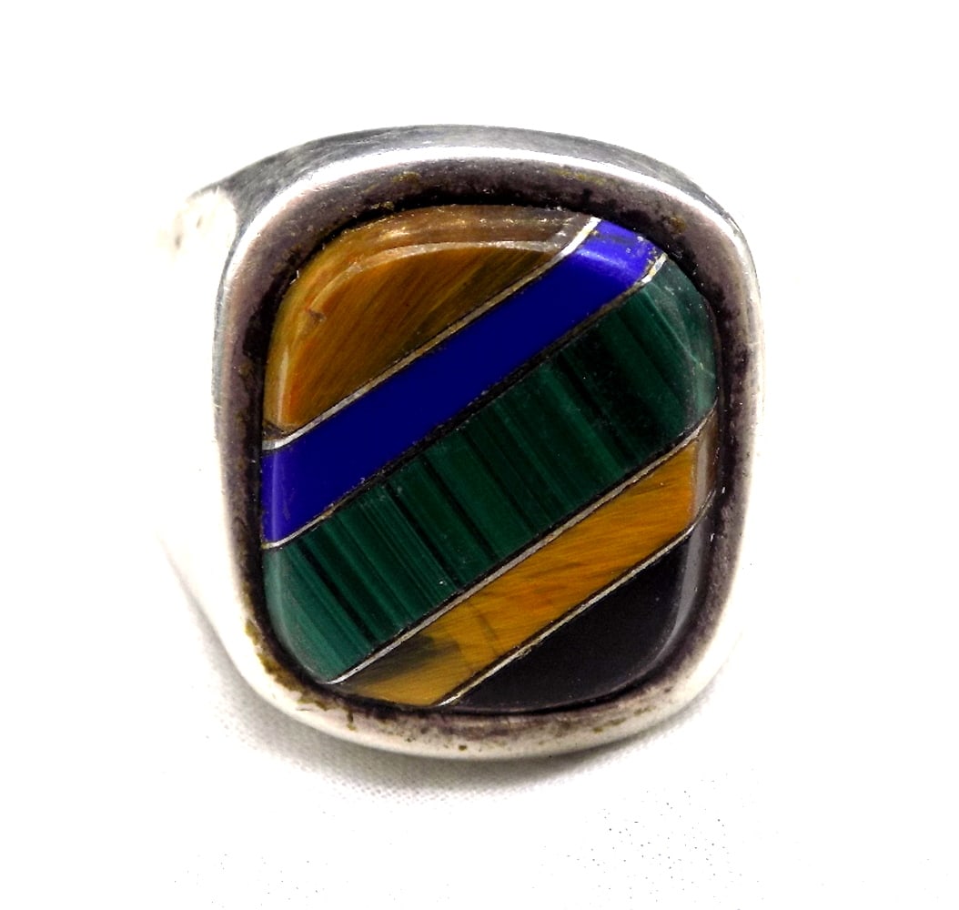 Mans multi gem inlaid sterling ring. (1 of 3)