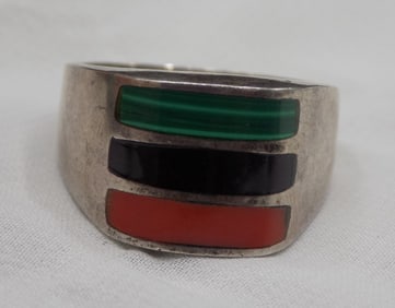 Mans multi gem inlaid sterling ring