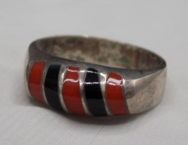 Mans multi gem inlaid sterling ring.