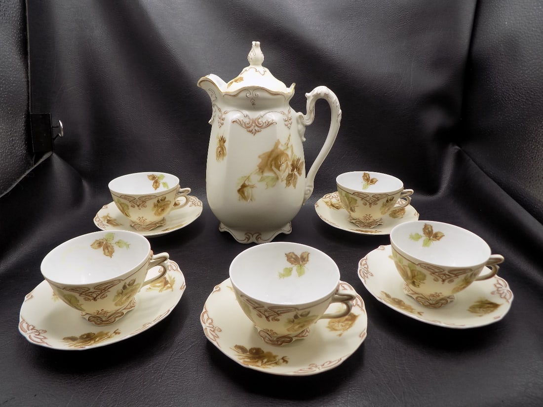 Lovely Old ivory Silesia hand decorated 6 piece chocolate set (1 of 7)