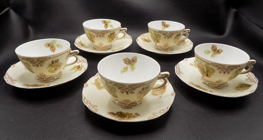 Lovely  Old Ivory Silesia hand decorated coffee cups and saucers
