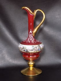 Beautifully decorated Moser art glass tall ewer