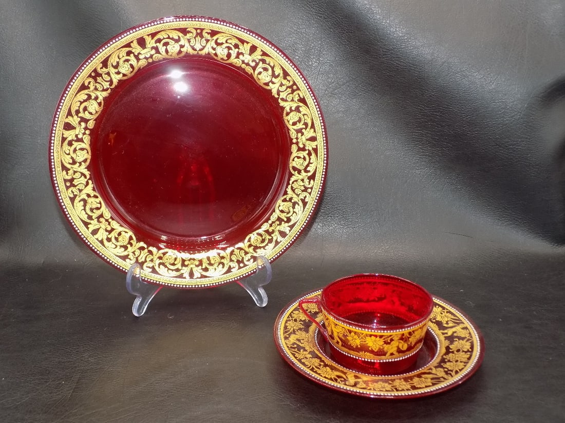 exquisite decorated moser art glass plate, cup and underplate: exquisite decorated moser art glass plate, cup and underplate.. Beautiful colors. In very good original as found condition as shown. Plate 8 inches across. Great quality and detail. For in house shipp