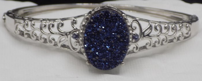 Vintage sterling silver filigree blue druzy quarts bracelet