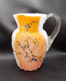 Vintage floral decorated  art glass pitcher