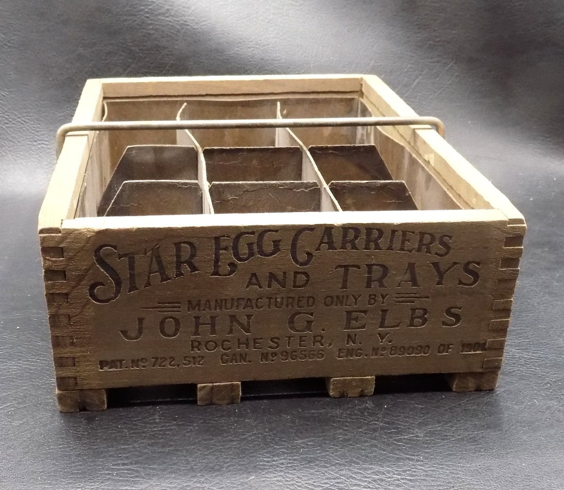 Rare antique advertising egg crate: Rare antique advertising egg crate. Marked Star Egg Carriers and Trays. John G Elbs. Rochester New York 9 as shown in photos. Wood with metal handle. In very good original as found condition with